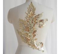 Yulakes 1 unidad de lentejuelas de plumas para aplique, parche de costura bordado de encaje con cuello y pedrería, aplicación de encaje con bordado floral para DIY cuello vestido de novia (dorado)