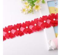 Yulakes 2 yardas de lazo de perlas con flores de organza de encaje de encaje para tejer boda encaje bordado DIY patchwork cinta costura artesanía (rojo)