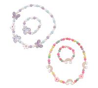 Yulakes 4 unids madera niños cadenas collares de dibujos animados, cadena de niños joyería conjunto,Niños collar pulsera niña, perlas de flores