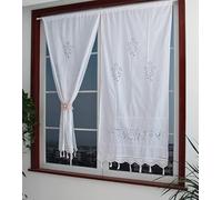 Yulakes Cortina de cocina de lino blanco con bordado, cortina de visillo/cortinas cortas de cocina/cortinas deslizantes de café, cortina de comedor con borde de borla de crochet 70x150cm (1 unidad)