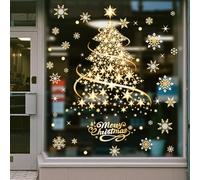 YULOONG Decoraciones de Navidad para ventana, árbol de Navidad dorado, copo de nieve, calcomanías de doble cara, decoración de ventana, pared, puerta, reutilizable, calcomanías estáticas