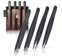 Yumaya Juego de 4 pinzas con funda - Pinzas profesionales de acero inoxidable con puntas mejoradas para depilar las cejas, oblicuas, rectas, puntiagudas | Kit de cejas