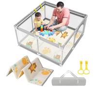 YUMBOT 120x120cm Parque Infantil Bebe con Alfombra Bebe, Corralito Bebe con Acolchado,Parque Bebe con Colchon Plegable Espuma y Malla Transpirable,Corral Bebe con Puerta Lateral,Parque Infantil,Gris