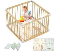 YUMBOT Parque infantil, 90 x 90 cm, madera de pino macizo, sin pintar, con puerta, 4 paneles, alta calidad y fácil montaje/desmontaje en 10 minutos