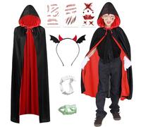 yumcute Capa de vampiro Vampiro Capucha Capa Capa Reversible Negro Rojo Disfraz de Vampiro Halloween para Niños con Dientes de Vampiro Diablo Diadema Tatuaje de Cicatriz fiesta de Halloween Cosplay