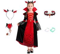 yumcute Disfraz Vampiro para Niña, Disfraz Halloween Niña, Costume Gótico de Vampiresa con Collar Pulsera Dentadura Vampiro, Vestido para Halloween Fiesta