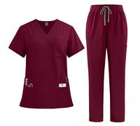 YUMERA Scrubs para mujeres, conjunto de batas ultradelgadas y sueltas con múltiples bolsillos y cuello en V para doctoras, batas de trabajo suaves y cómodas en múltiples colores, Vino, XL