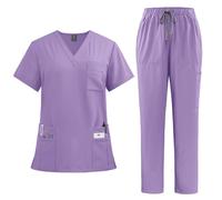 YUMERA Scrubs para mujeres, conjunto de batas ultradelgadas y sueltas con múltiples bolsillos y cuello en V para doctoras, batas de trabajo suaves y cómodas en múltiples colores, morado claro, S
