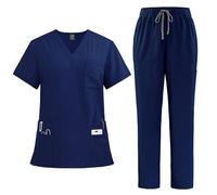 YUMERA Scrubs para mujeres, conjunto de batas ultradelgadas y sueltas con múltiples bolsillos y cuello en V para doctoras, batas de trabajo suaves y cómodas en múltiples colores, azul marino, S