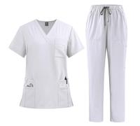 YUMERA Scrubs para mujeres, conjunto de batas ultradelgadas y sueltas con múltiples bolsillos y cuello en V para doctoras, batas de trabajo suaves y cómodas en múltiples colores, blanco, L
