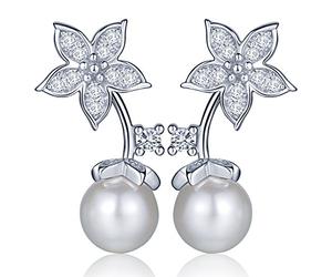 Yumi Lok 925 Plata de Ley Pendientes con Circonitas, Perlas y Flores - Jackets Joyas para Mujeres y Niñas