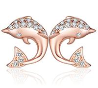 Yumi Lok - Pendientes para mujer (oro rosado, plata de ley 925, circonitas, hipoalergénico), diseño de delfines
