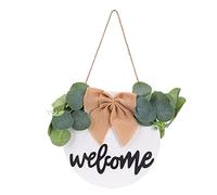 YUMILI Door Sign Welcome Hanging Rustic Wooden Outdoor Pendant Stylish Home Decoration for Front Door Farmhouse Office Classroom Composite Wood Burlap Braided Rope 25x25cm