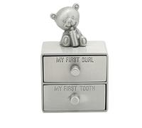 YUMILI Tooth Box Metal Cute Bear Shape Storage Case with 2 Drawers for Children Growth Memorial Gift Jewelry Collection Zinc Alloy Blue Flannel 7.5 x 5 x 3.5cm (Antique Tin Color)
