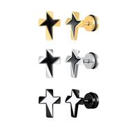 Yumilok 3 pares de pendientes de acero inoxidable para hombres, tornillos de acero inoxidable, pendientes cruzados a la parrilla, pendientes en forma de estrella