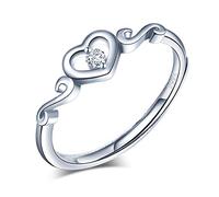 Yumilok Anillo de plata 925, anillo ajustable para mujer y niña, anillo de compromiso abierto, anillo de corazón de boda, circonita cúbica con incrustaciones, tamaño ajustable