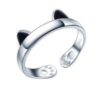 Yumilok Anillo de plata 925, anillo ajustable para mujer y niña, anillo de compromiso abierto, lindo anillo de gato, tamaño ajustable