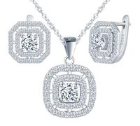 Yumilok Brillante 925 plata esterlina cuadrada, redonda, zirconia, cristal, clavos para los oídos, collar colgante de mujer, juego de joyas 925 plata esterlina
