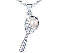 Yumilok - Colgante de collar de plata 925 y perla de raqueta de tenis estilo deportivo para mujer niña color plata, Plata esterlina, Perla