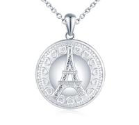 Yumilok Collar colgante femenino de plata esterlina 925 Torre Eiffel París corazón Zirconia hombro expuesto foto collar
