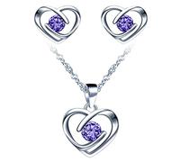 Yumilok-Collar con colgante para mujer S925 Plata de ley Simple Hollow Love Heart Circón Pendientes de botón de plata esterlina Conjunto de combinación de colgante Moderno y hermoso(Púrpura)