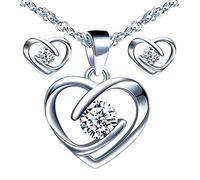 Yumilok - Collar de corazón de plata 925, pendientes de corazón, joyas para mujer niña, adornado con circonita, conjuntos de joyas, regalo de Navidad y cumpleaños, circonita cúbica plata esterlina,