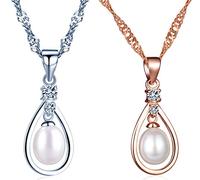 Yumilok collar de mujer 2 piezas de plata de ley 925 con circonitas cúbicas y perlas de agua, chapado en oro rosa, collar con colgante de plata para mujeres/niñas