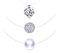 Yumilok Collar de mujer chica S925 plata de ley Cadena clara de la línea de los pescados Collar grande de la perla del zirconia Juego simple de la manera