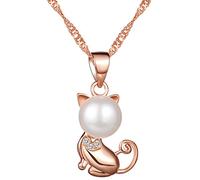 Yumilok Collar de mujer Collar de plata de ley Collar de perlas Juego de circonitas Gato colgante Collar fino
