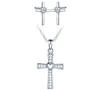 Yumilok-Collar de mujer de plata esterlina stud pendientes cruz zirconia conjunto ahuecado amor colgante religioso Jesús collar de moda pendientes
