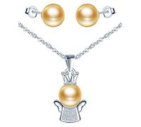 Yumilok-Collar de mujer pendientes de plata de corona linda perla de ángel colgante de plata esterlina S925 conjunto de aretes de perlas