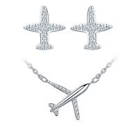 Yumilok collar de mujer pendientes de plata de ley con longitud ajustable aretes con microincrustaciones de aviones, adecuado para regalos de damas
