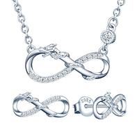 Yumilok Collar de Mujer y Pendientes de Plata de Ley 925, Collar de dragón y símbolo Infinito,Incrustaciones de circonita cúbica, Plata