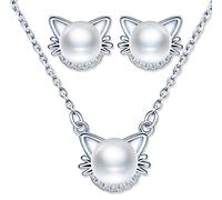 Yumilok Collar de Plata 925, Collar de Perlas de Gato para Mujer, Lindos Pendientes de Perlas de Gato,Conjuntos de Joyas de Perlas circón con Incrustaciones