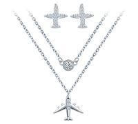 Yumilok-Collar para mujer pendientes de plata S925 de doble capa de piedra con incrustaciones de avión con incrustaciones de circonita modelo de avión, regalos de moda para damas