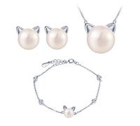 Yumilok Collar y Pendientes de Plata esterlina 925 para Mujer, Joyas de Perlas, Collar y Pulsera de Gato, aretes de Oreja de Gato, Decorados con circonita cúbica, Juegos de Joyas