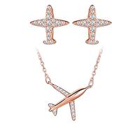 Yumilok - Conjunto de joyas de avión único, collar y pendientes para mujer, collar y pendientes de plata 925, collar y pendiente de avión lindo, circonita, oro rosa, circonita cúbica, Circonita cúbica
