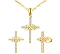 Yumilok Conjunto de Joyas de Collar y Pendientes, Collar Colgante y Pendientes con Cruz y símbolo de Infinito en Plata 925, Joyas para Mujeres y niñas, Incrustaciones de circonitas, Oro