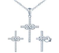 Yumilok Conjunto de Joyas de Collar y Pendientes, Collar Colgante y Pendientes con Cruz y símbolo de Infinito en Plata 925, Joyas para Mujeres y niñas, Incrustaciones de circonitas, Plata