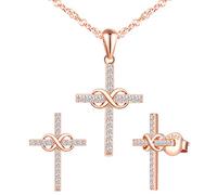Yumilok Conjunto de Joyas de Collar y Pendientes, Collar Colgante y Pendientes de Cruz y símbolo de Infinito en Plata 925, Joyas para Mujeres y niñas, Incrustaciones de circonitas, Oro Rosa