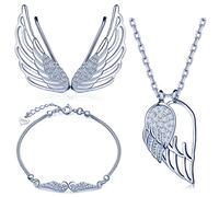 Yumilok - Conjunto de joyas para mujer y niña, collar de pulsera y pendientes de plata 925, adornado con circonita y alas de ángel elegantes, Plata esterlina, Cubic Zirconia