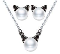 Yumilok Conjuntos de Joyas de Gato de Perlas, Collar de Perlas de Gato de Plata de Ley 925 para Mujer, Lindos Pendientes de Perlas de Gato
