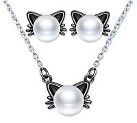 Yumilok Conjuntos de Joyas de Perlas, Plata 925, Collar de Perlas de Gato para Mujer, Lindos Pendientes de Perlas de Gato