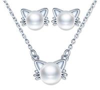 Yumilok Conjuntos de Joyas de Perlas, Plata 925, Collar de Perlas de Gato para Mujer, Lindos Pendientes de Perlas de Gato