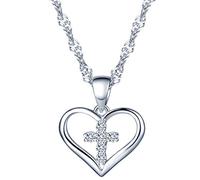 Yumilok - Cruz en corazón de plata de ley 925 con circonitas, colgante, collar, cadena, colgante para mujer o niña