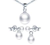 Yumilok Damen Halskette Perlenkette Damen Ohrstecker Ohrringe Perle Perlenohrstecker Perlenschmuck Brautschmuck sets für Frauen, Plata de ley Perla, Perla
