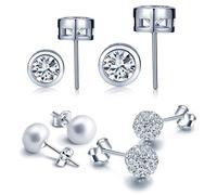 Yumilok Juego de Joyas Set de 4 pares de pendientes básicos circulares para Mujeres Chicas con Circonitas, plata de ley 925 con cristales, Pendientes Perlas