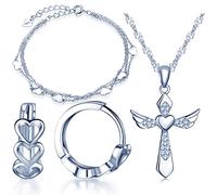 Yumilok Juegos de Joyas Plata de ley 925 circonita corazones Cruz Collar Charm Juego de pendientes de aro joyas set collar con colgante pulsera de cadena pendientes para mujer Chica