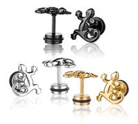 Yumilok Pendientes de acero inoxidable Gecko, lagarto, lagarto, perno perforado, pendientes hipoalergénicos para hombre y mujer, 3 pares (negro, plata, oro)
