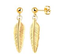 Yumilok Pendientes de Acero Inoxidable Oro para Hombres y Mujeres, Diseño de Pluma 22 x 8 mm, Bola de 4 mm, Estilo Retro, Ideal para Navidad, Halloween y Cumpleaños